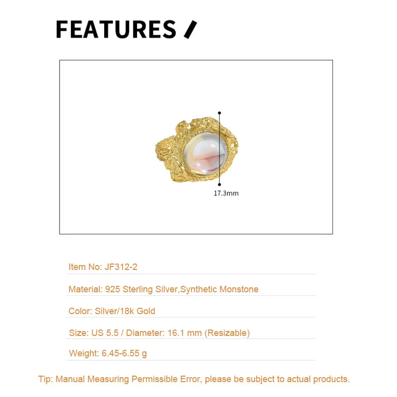 

F.I.N.S Round Moonstone Real 925 Sterling Silver Open Ring Texture Irregular Uneven Surface Adjustable Finger Rings Fine Jewelry