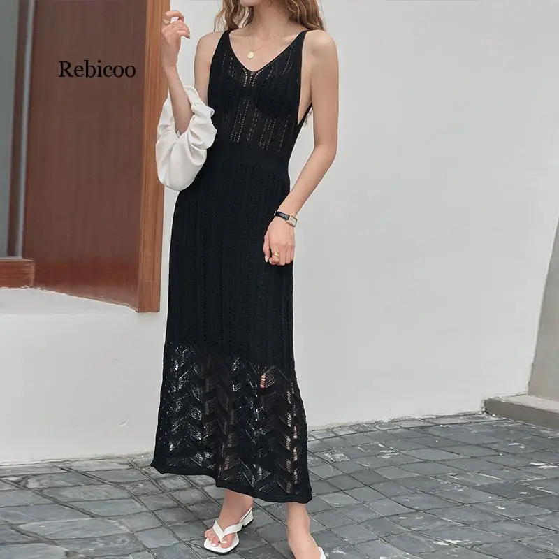 

Summer Women Sexy White Knitted Hollow Out Maxi Sweater Dress Elegant Female Black Sleeveless Casual Long Party Dresses