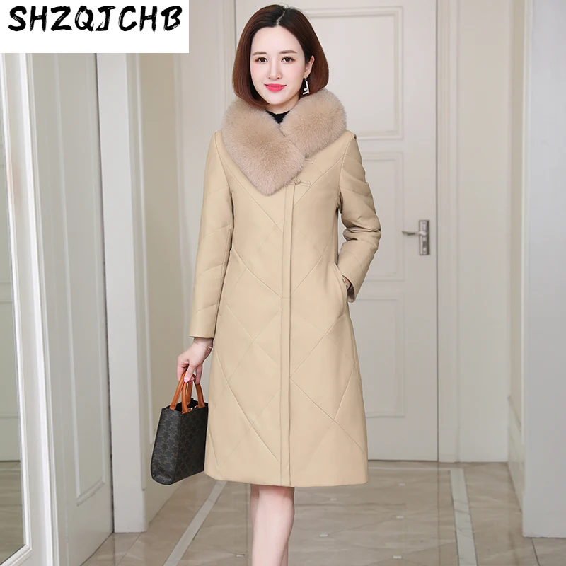 

Кожаное пальто SHZQ, кожаный пуховик, женское утолщенное пальто средней и длинной овечьей шкуры с воротником из лисьего меха