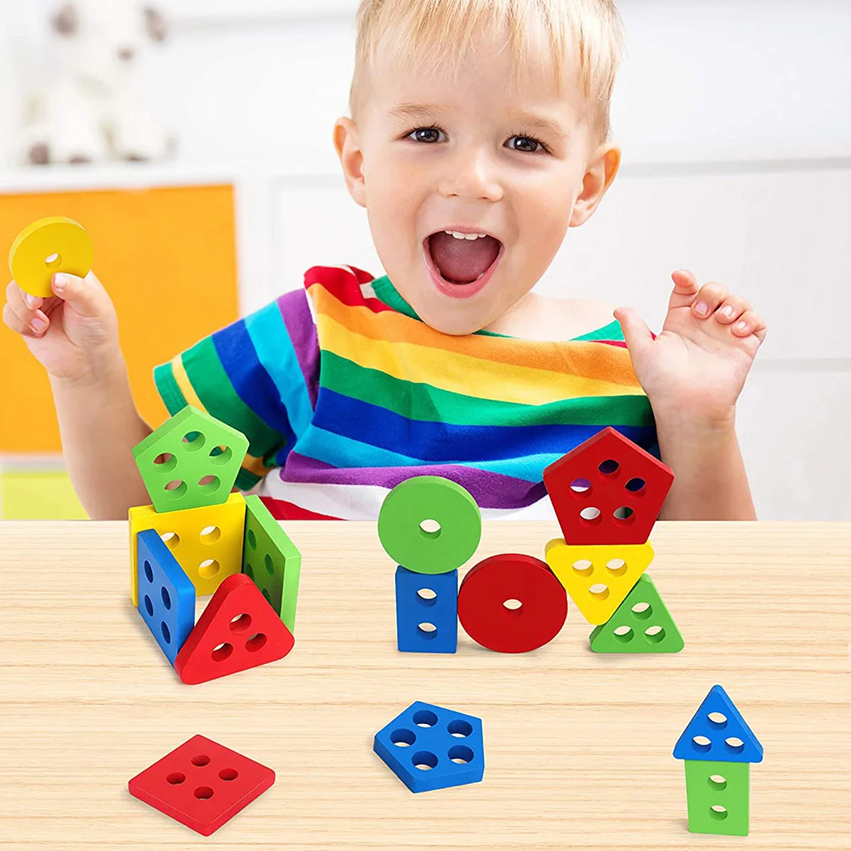 

Toddler Toys Solid Wooden Toys Preschooler Shape Color Judgment Help Recognize Geometry Building Blocks Toy Puzzle Children Baby
