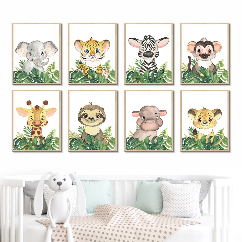 

Милый жираф, тигр, слон, Зебра, Лев, детская настенная Картина на холсте, скандинавские плакаты и принты, настенные картины, декор для детской комнаты