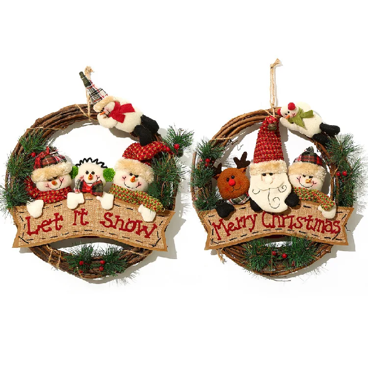 Large wreath Santa Claus snowman deer solid wood rattan ring pendant Christmas decoration | Дом и сад