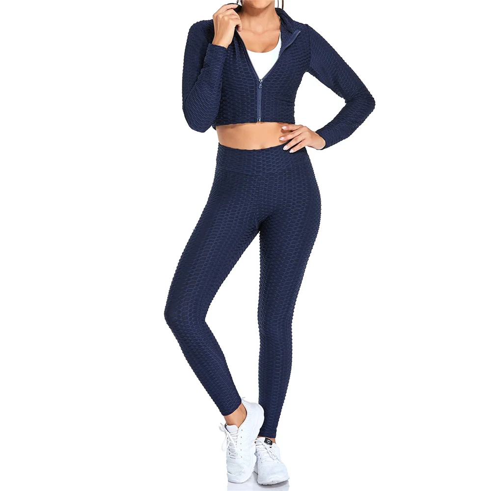 

Women's Fitness Suit Front Zipper Crop Top Suit For Sports High Waist Leggings Yoga Gym Set Grid Women Sportwear Outfit