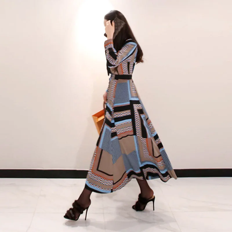 

New Vintage Print Elegant Long Dress Women Spring Single-breasted Shirt Dresses Waist Swing Long Vestidos