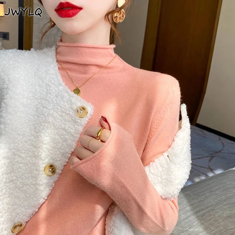 

Однотонный милый женский свитер с воротником средней длины, сезон весна-осень, тонкий свободный вязаный свитер с длинным рукавом, свитер в К...