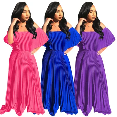 

Women Dress 2020 New Arrival Young Loose Chiffon Bohemian Dresses Off Shoulder Draped Ruched Hem Street Wear Maxi Dress Vestidos