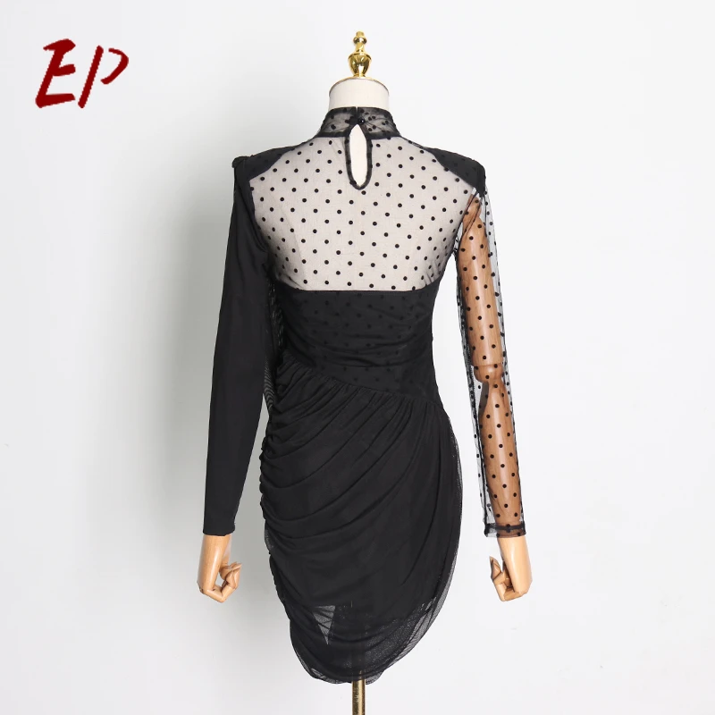 

EP 2021 Vintage Asymmetrical Dot Mesh Dresses Female Stand Collar Puff Long Sleeve High Waist Ruched Dress Women Tide