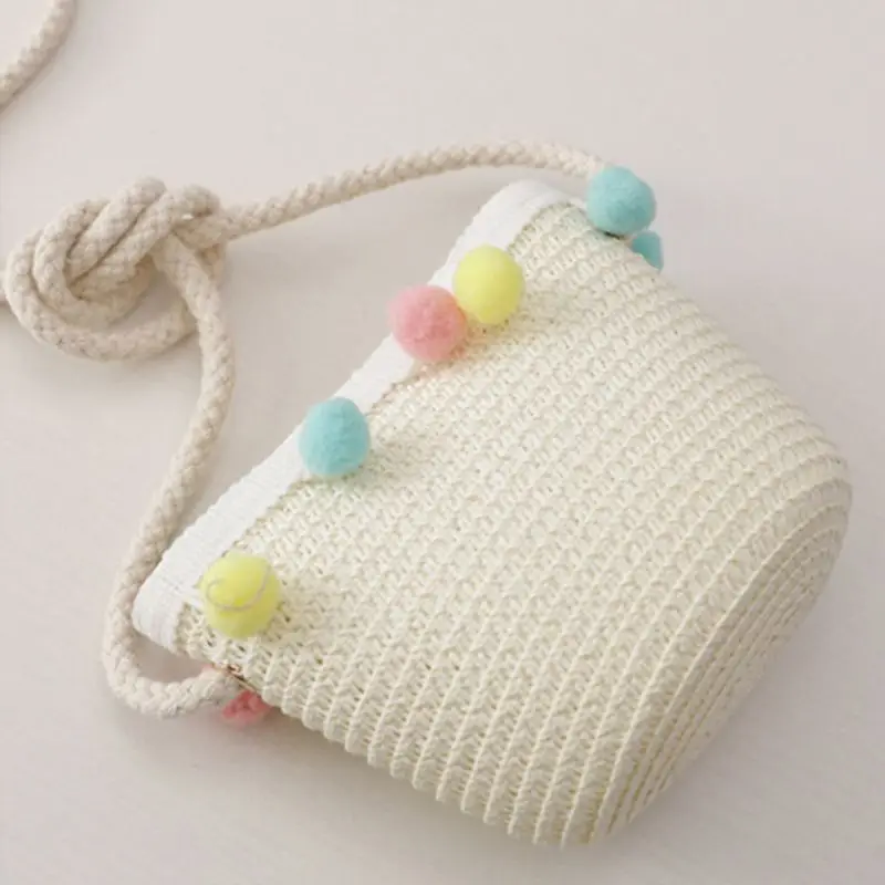 

Kids Girls Large Wide Brim Straw Woven Sun Protection Beach Hat Colorful Pompom Ball Summer Floppy Bucket Cap Portable Handbag