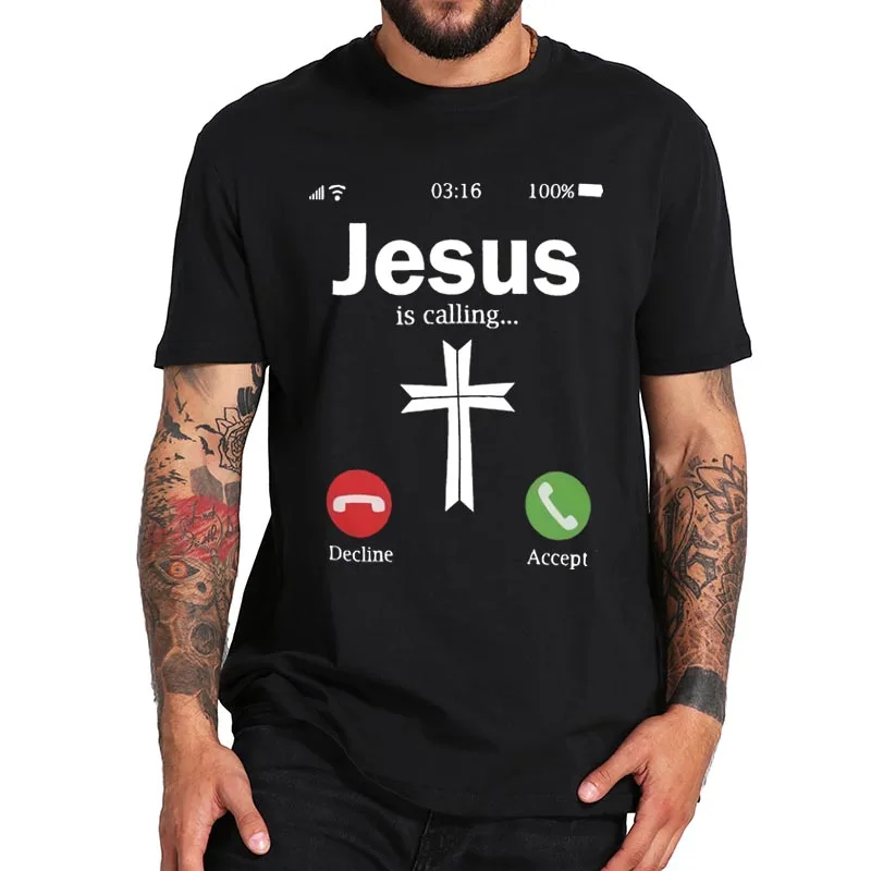 

Jesus Is Calling T Shirt Christian Faith T-Shirt EU Size 100% Cotton Short Sleeve Crewneck Soft Basic Tops Tee