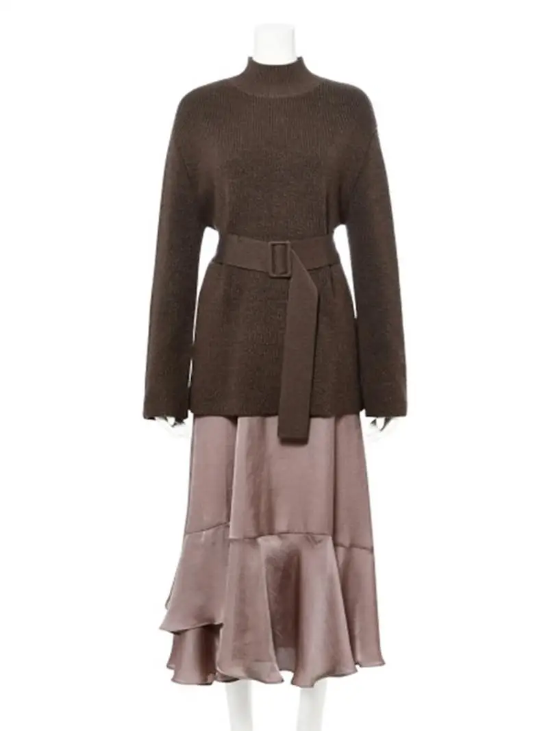 Женский однотонный костюм из 2 предметов свитер с высоким воротником на завязках