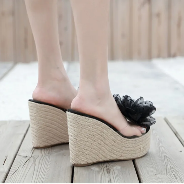 

Female Shoes Slippers Soft Beige Heeled Sandals Luxury Slides On A Wedge Summer Clogs Woman Platform Flower 2021 Comfort Black D