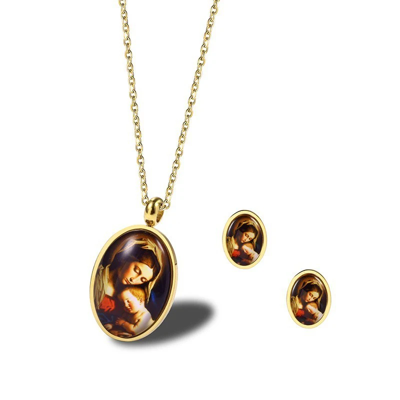 RIR Девы Марии с ее младенцем Иисуса кулон ожерелье серьгами из нержавеющей стали