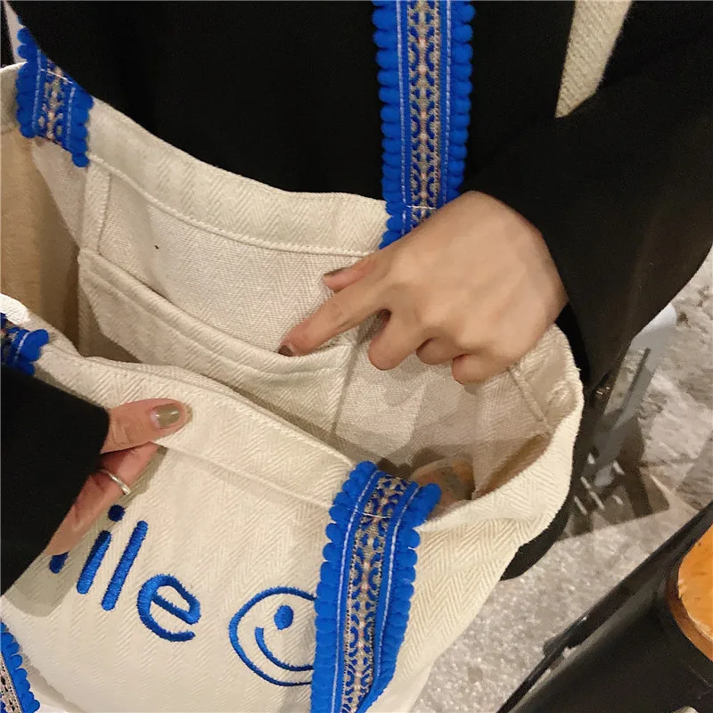 

Women Portable Travel Casual Tote Embroidered Letter Student Girls Canvas Handbags Large Capacity Ladies Shopping Shoulder Bags