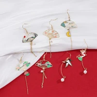 1 pair chinese elements hollow fan chain tassel pearl pendant lotus leaf cherry blossoms cloud long drop earrings for women