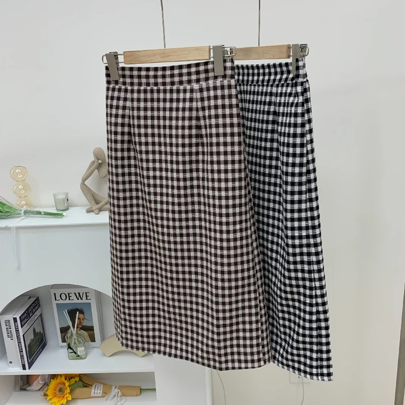 

Korean Spring Summer 2021 New A-line Skirt Casual High-waist Slit Plaid Woman Skirts College Style Chic Loose All Match Faldas