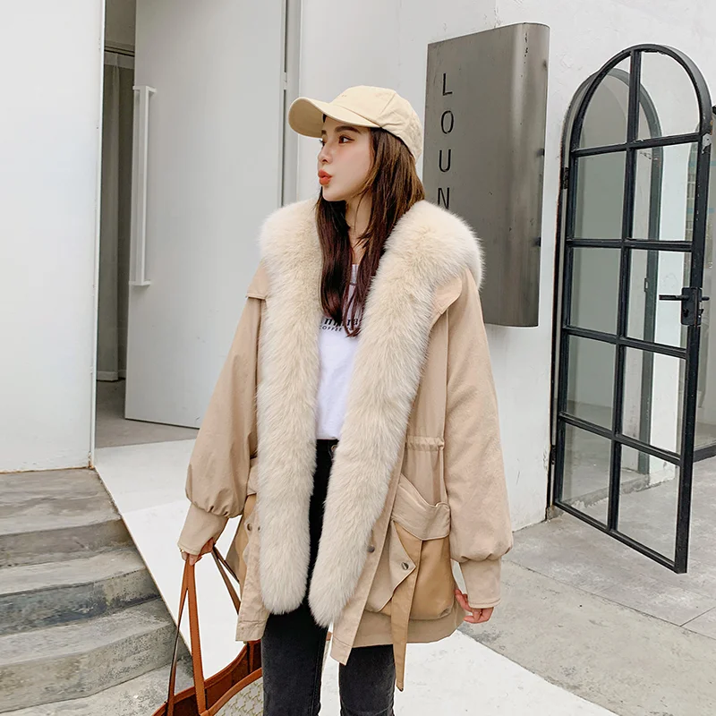 

2021 Winter Women Parkas Natural Real Fox Fur Collar Removable Thick Real Rex Rabbit Fur Liner Warm Outerwear Fashion Streetwear