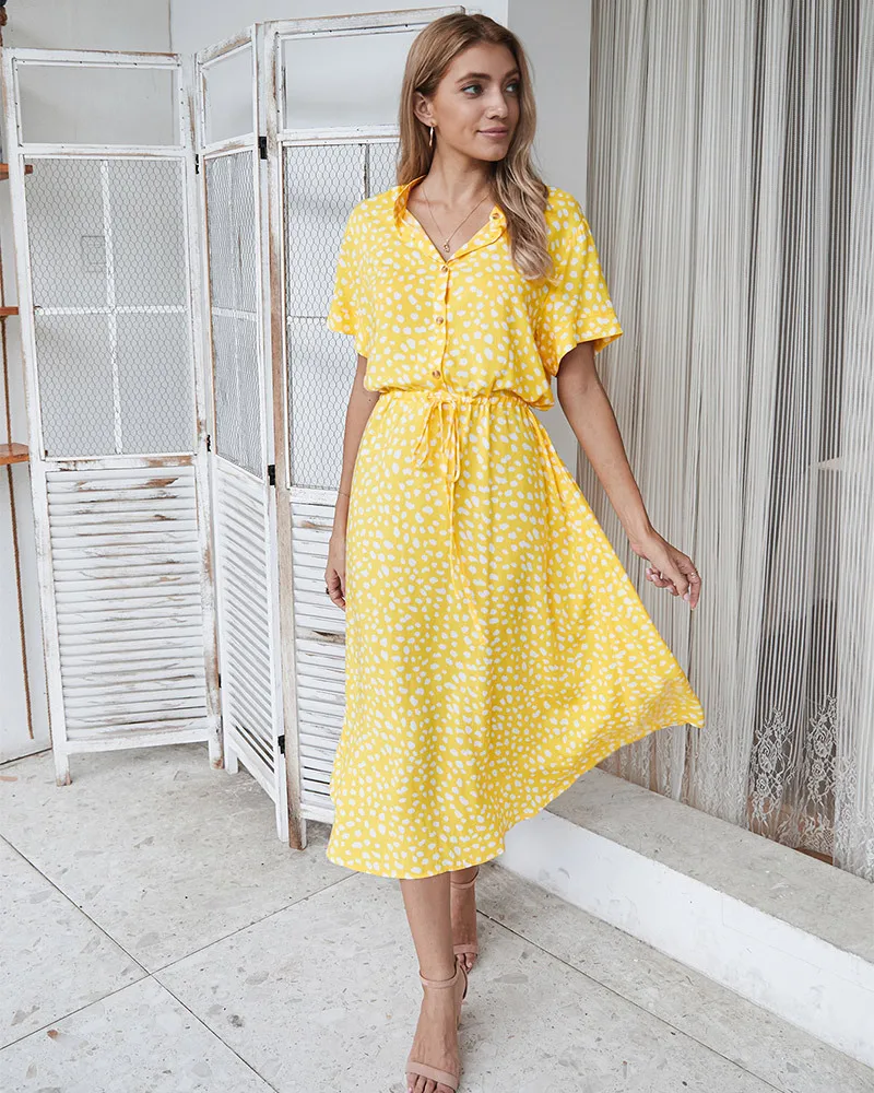 

Long Dress Women Elegant Fashion Summer Office Casual Loose Button Belt Dot Short Sleeve Turn-down Collar Plus Size Hem Vestidos
