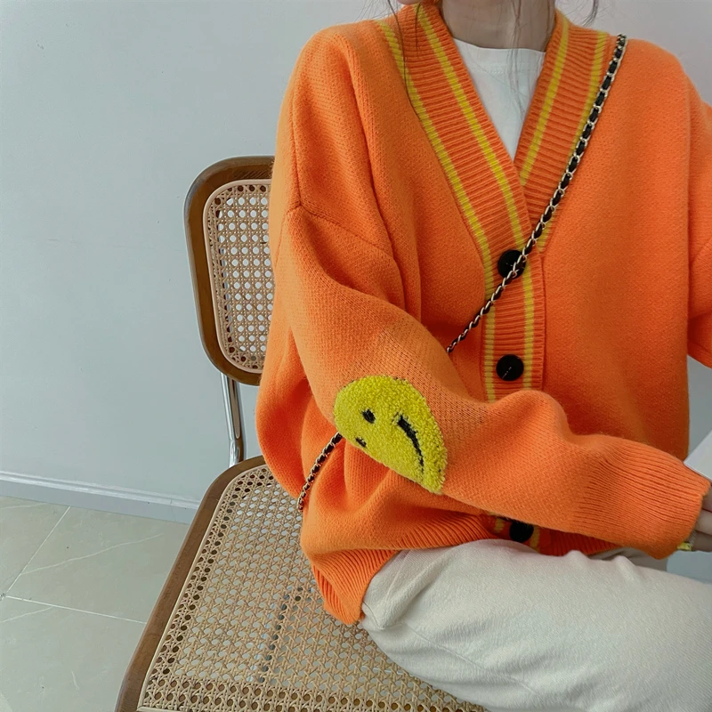 

2021 Autumn Winter New Casual Women Sweater Street Knit Cardigan Top Female V-neck Yellow Smiley Baggy Retro Striped Sueter