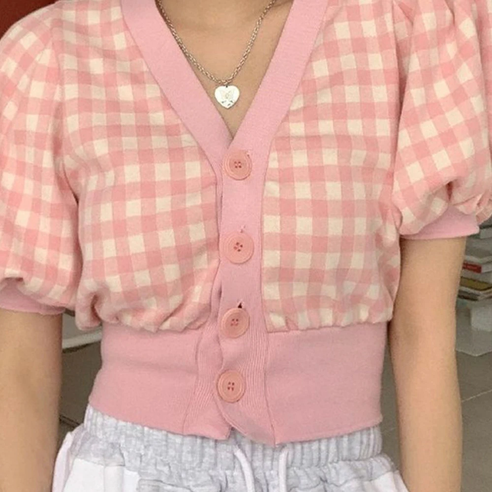 

Pink Plaid Puff Sleeve Women Sweater Winter V-neck Cropped Sweaters