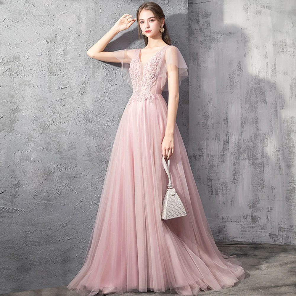 

Light Pink Fairy Prom Gown Appliques 3D Flowers Short Sleeves Tulle Evening Gown A Line Celebrity Party Dress