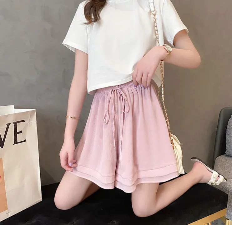 

2021 New Summer Chiffon Shorts Korean Ladies Double Layer High Waist Wide Leg Shorts Casual Loose Skirt Short For Women