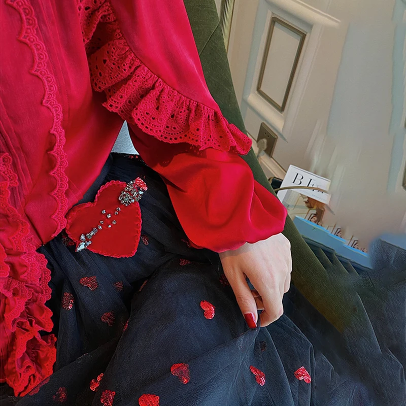 

SHENGPALAE Temperament Handmade Lace Blouse Women's Spring 2021 New Stand Collor Loose Chic Button Puff Sleeve Shirt Female 5C23