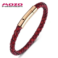 mozo fashion men bracelets retro red leather stainless steel gold snap button bangles women jewelry gifts