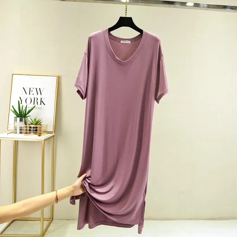 Fdfklak V-Neck Deign 2022 Summer New Modal Nightdress Women Sleepwear Solid Loose Leisure Night Dress Solid Color Nightgown