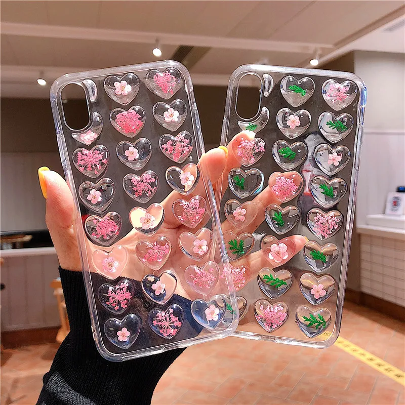 3D Любовь Сердце цветок чехол для iPhone X Xs Xsmax Xr Блестящий Прозрачный цветочный 7 8plus