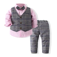 2021 autumn kids boys clothes wedding suits plaid vest pink shirt pants 3 pcs outfits children outerwear