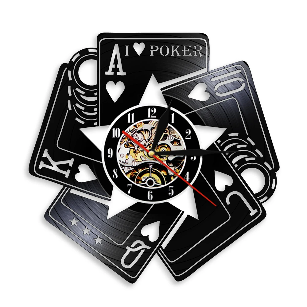 I Love Poker Royal Flush Spades Gamble Room Decorative Wall Clock Poker Cards Las Vegas Gambling Cards Vinyl Record Wall Clock