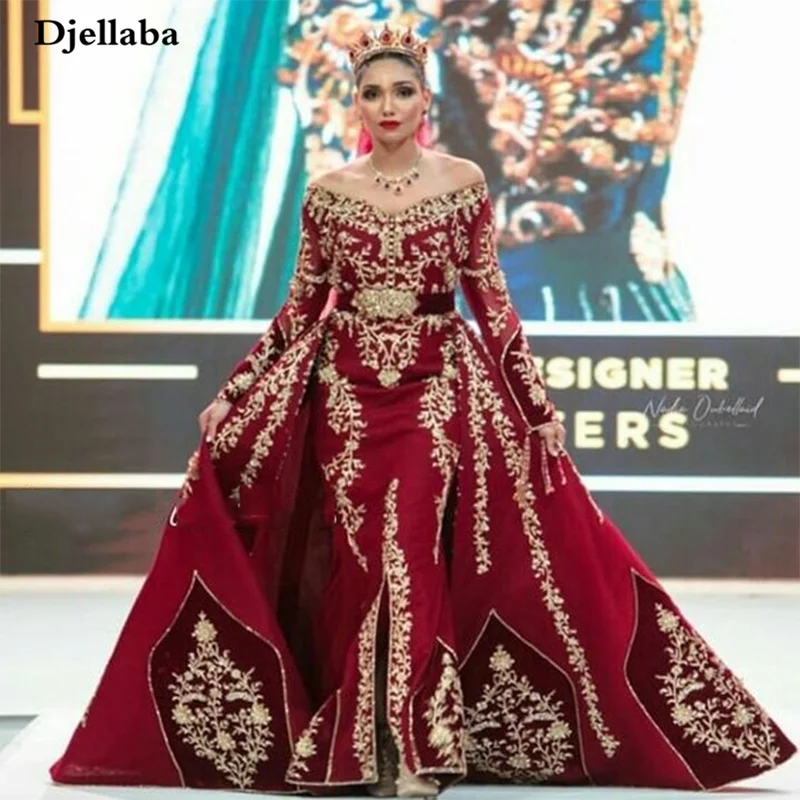 

Red Moroccan Caftan Evening Dresses With Remove Skirt Stunning Appliques Lace Long Sleeve Mermaid Prom Dresses Bride Gown