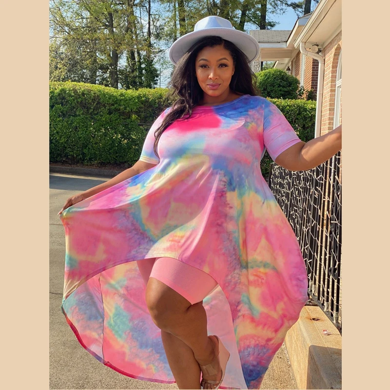 

Plus Size 4XL Sexy Commute Tie Dye Printed O Neck Loose Irregular Short Sleeve Mini Party Vacation Fashion Dress Women Summer