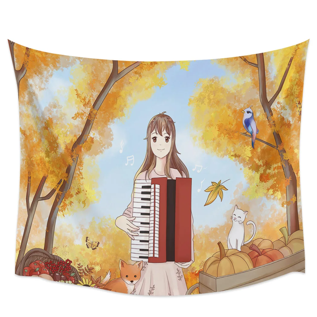 

Autumn Anime Girl Fox Cat Tapestry Wall Hanging Home Wall Decor Bedroom Tapestry Yoga Mat Picnic Mat