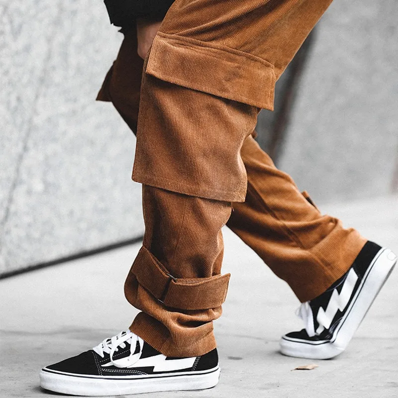 

Brown Corduroy Multi-pocket Cargo Pants Men Autumn Winter Belted Cuff Drawstring Retro Trousers Male
