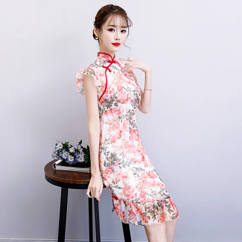 

Женское асимметричное шифоновое платье-Ципао до колен, привлекательное Прозрачное платье в китайском стиле с расклешенными рукавами и цве...