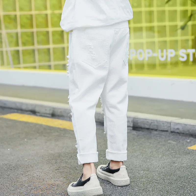 Рваные джинсы для девочек модные детские с белыми дырками одежда подростков 10 12