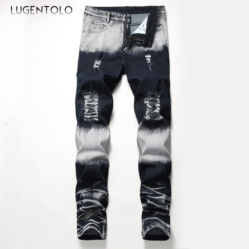 

Men Elasticity Jeans Fashion Zipper Hole Bleached Casual Trousers Men's Trend Large Size Street Straight Long Jeans