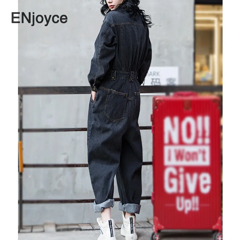 Women Denim Jumpsuits Oversized Fashion Loose Wide Leg Cargo Pants Pockets Ladies Vintage Black Playsuit Jump Suits Fall Winter |