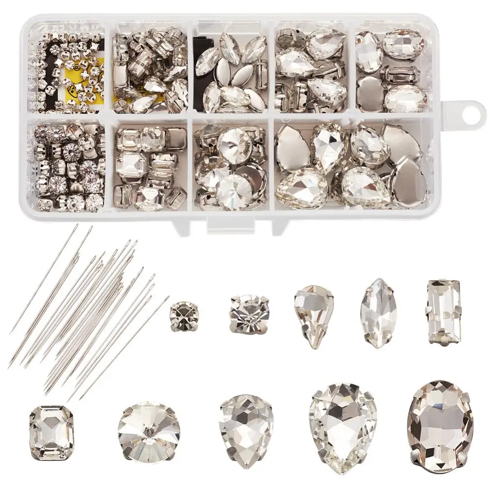 

Sew on Glass Rhinestone with Brass Prong Settings Garments Accessoriess with Sewing Needles Mixed Shapes Clear 180pcs/box