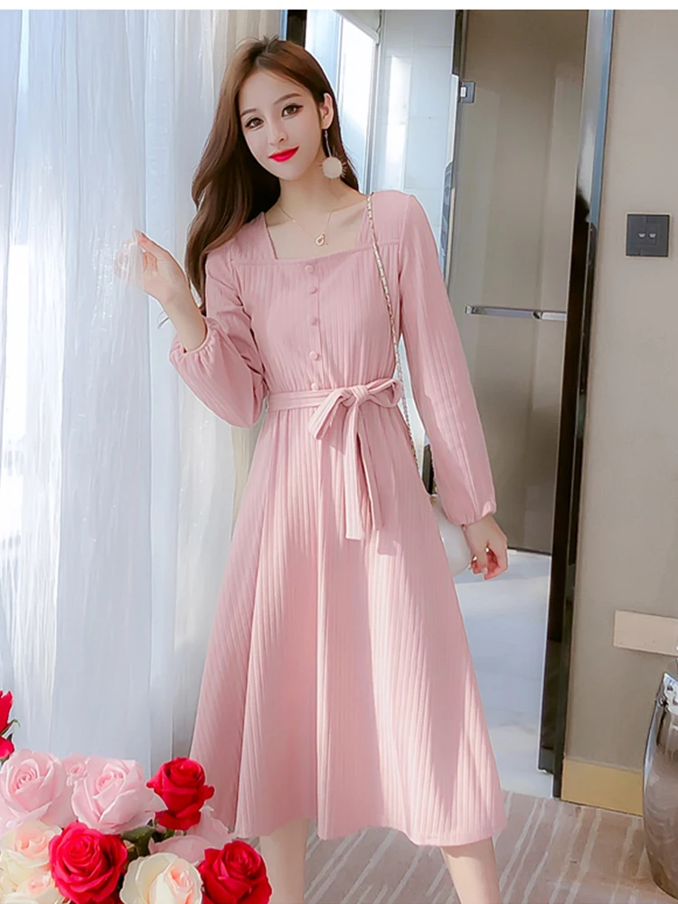 

Elegant ladies autumn new A-line solid color long dress square collar long sleeve high waist bow ruffled office dress h0083