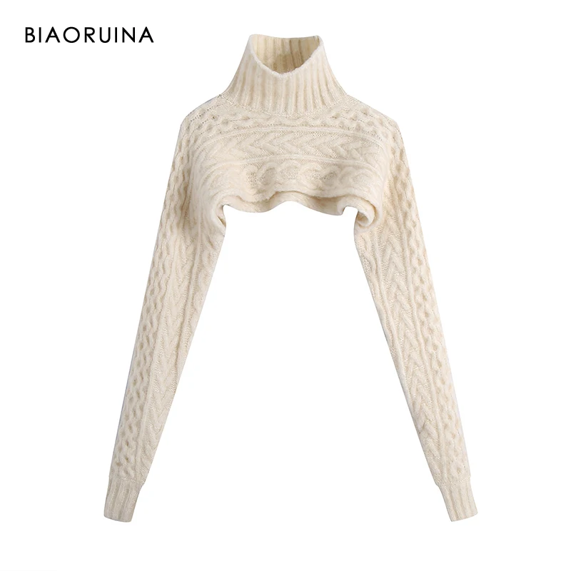 

BIAORUINA Women's Loose Beige Fashion Design Ultra Short Open Chest with Knitted Sleeve Turtleneck Sweater Pullover Streetwear