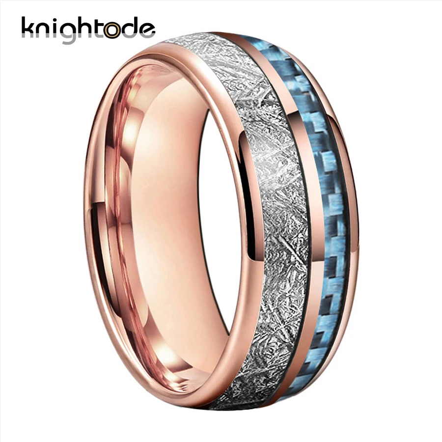 

8mm Rose Gold Tungsten Carbide Rings White Meteorite/Blue Carbon Fiber Inlay For Men Women Fashion Wedding Band Dome Polished