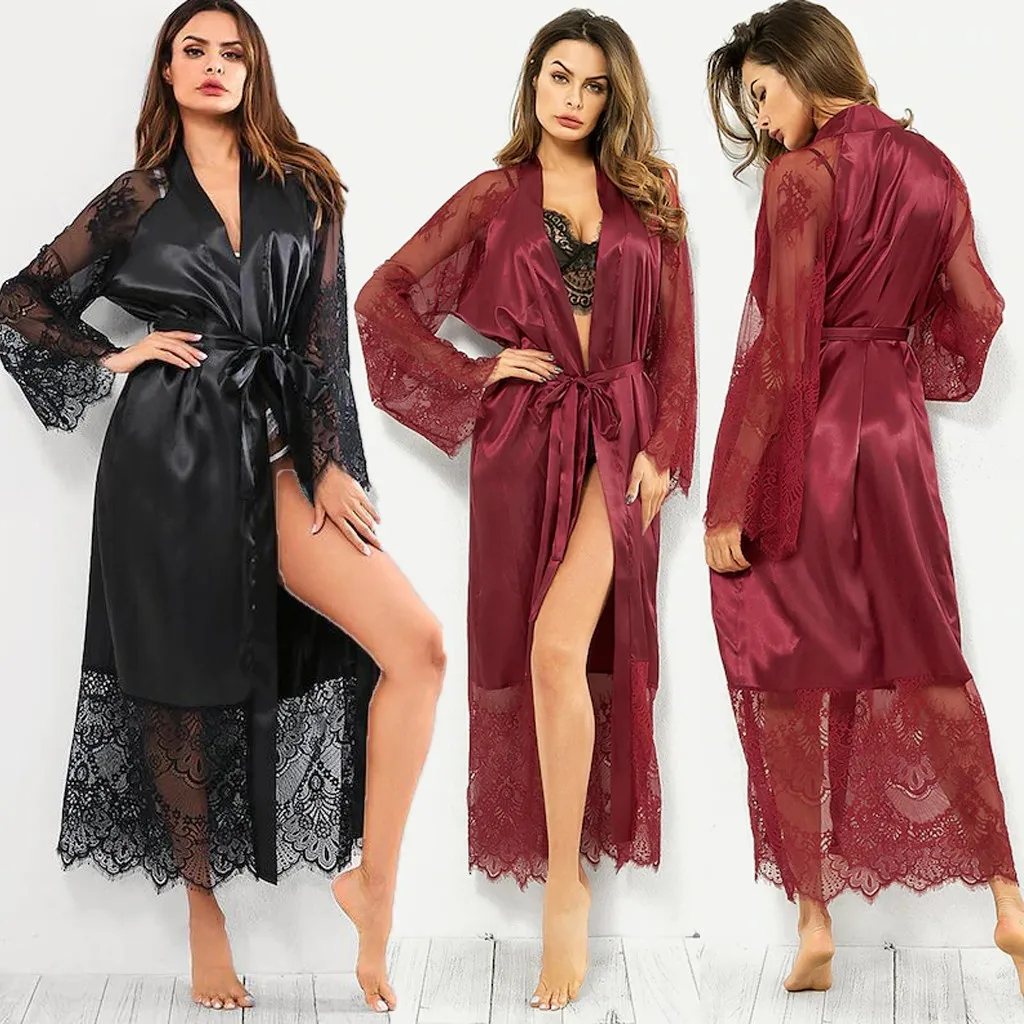 

Lace Patchwork Long Robe Women Satin Silk Kimono Bathrobe Nightgown Wedding bridesmaid Long Sleeves Robes Breathable Pajamas