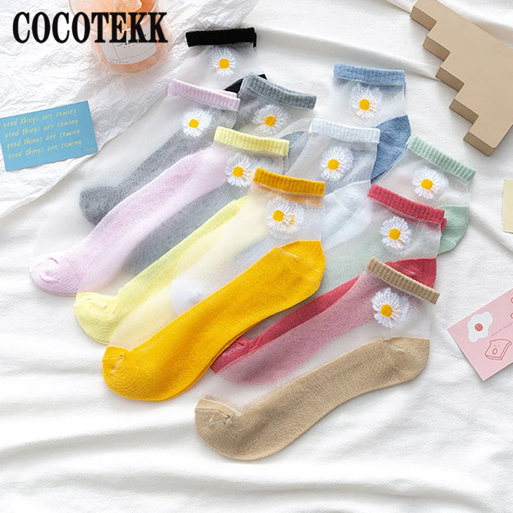 

2Pairs/Lot Breathable Thin Summer Socks Ultra-thin Transparent Cass Glass Fiber Silk Socks Daisy Flower Short Street Home Style