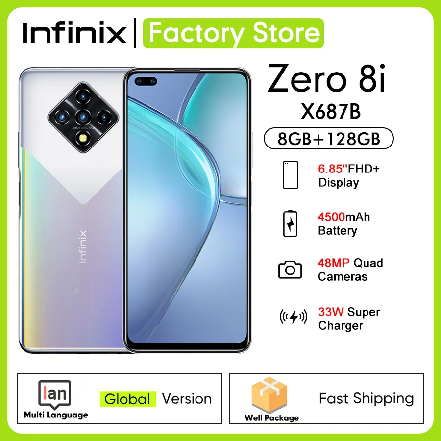 Глобальная версия Infinix Zero 8i 8GB RAM 128GB ROM 6 85 ''FHD Full Screen 48MP Quad Cam 4500mAh Battery 33W Charger Mobile