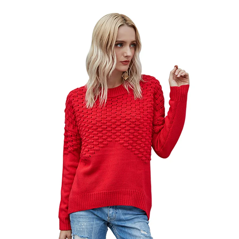 

Sweater autumn/winter round neck pullover ladies knit sweater solid color long-sleeved hollow sweater