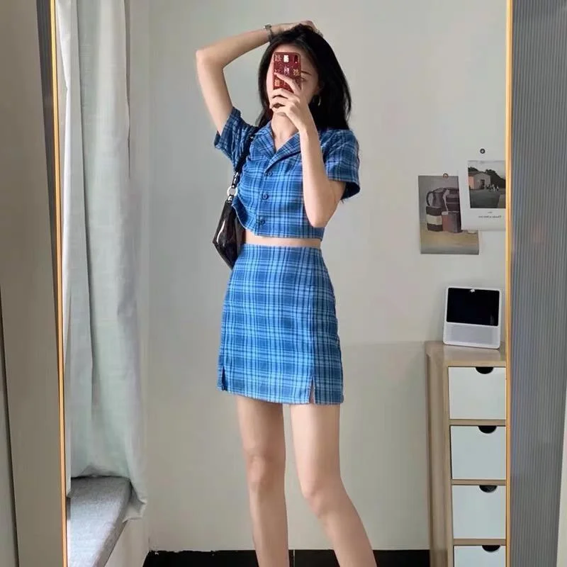 

Blue Plaid Suit Short Sleeve Shirt Top Small Two-piece Short Skirt Bag Hip Skirt 2-piece set women Cute college Plaid skirt new