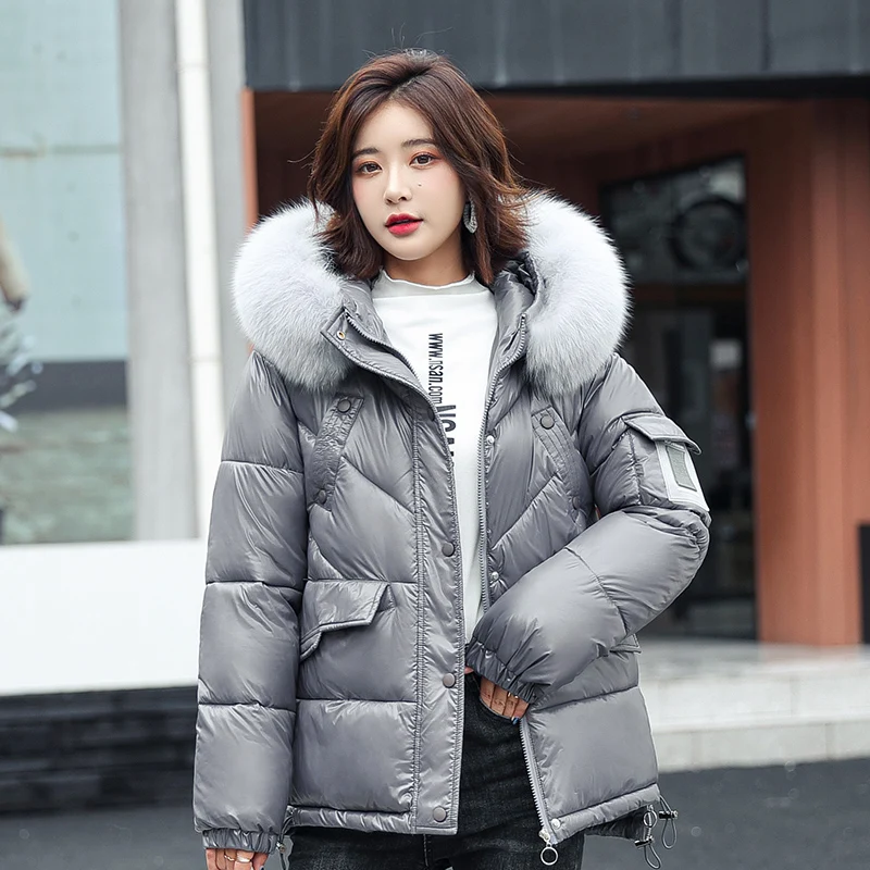 KoHuiJoo Winter Parkas Women 2021 Loose Cotton Padded Thick Faux Fur Collar Hooded Warm Puffer Parka Coat Pink Blue Khaki
