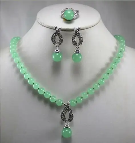 

Набор ювелирных изделий, колье, серьги, кольцо, 8 мм, зеленый нефрит